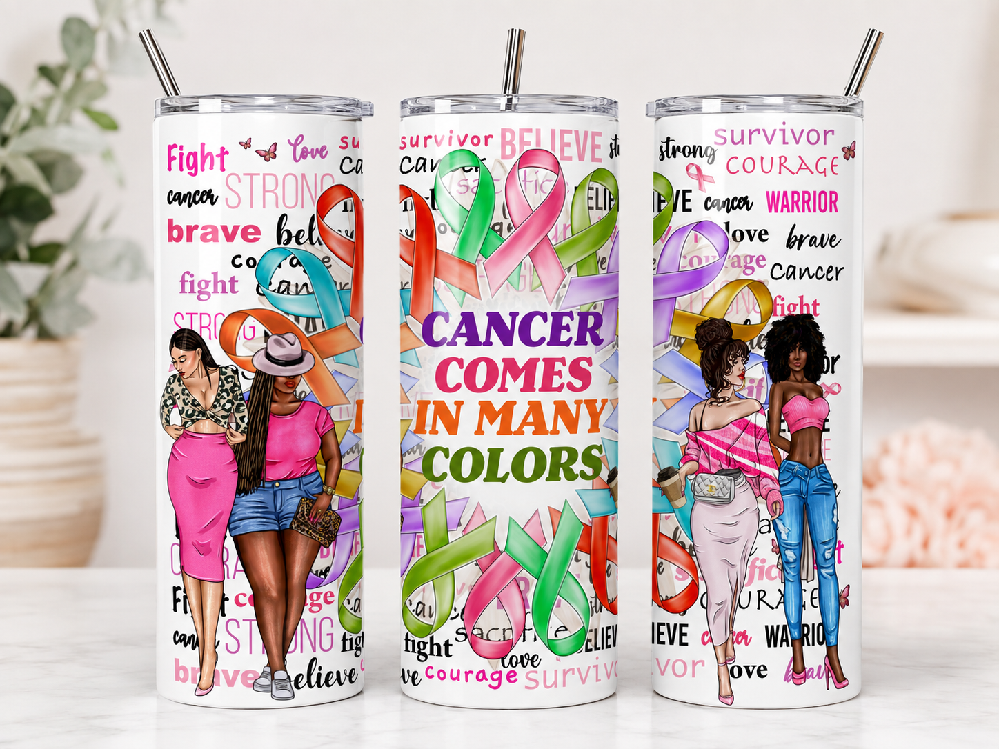 Cancer Comes in Many Colors 20 oz tumbler mockup