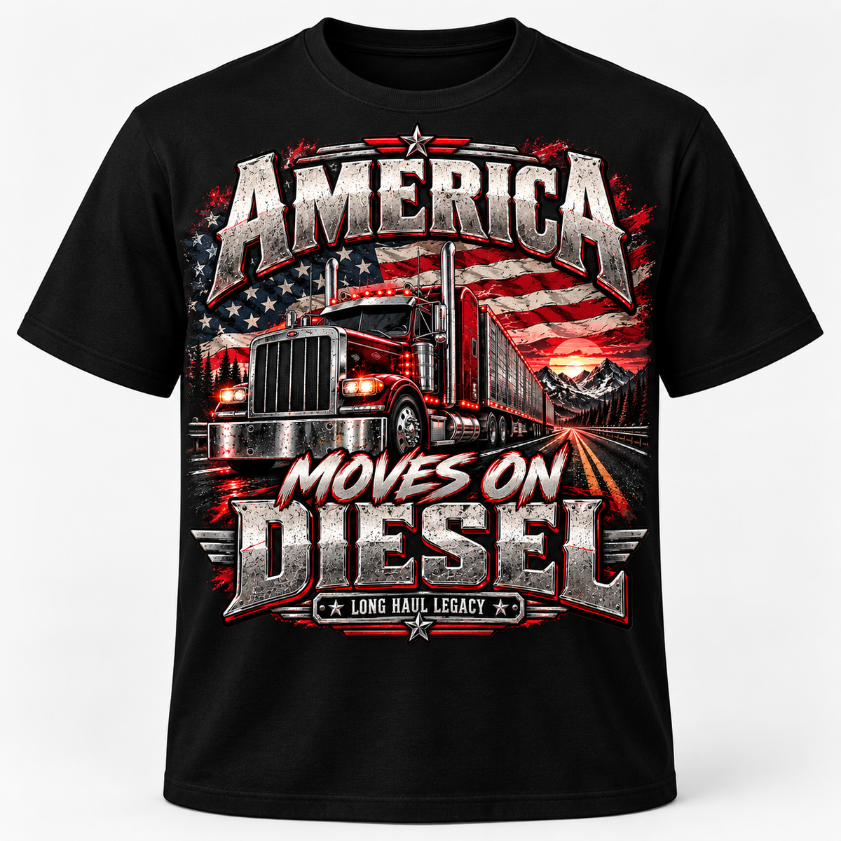 America Moves on Diesel Long Haul Legacy trucker T-shirt mockup