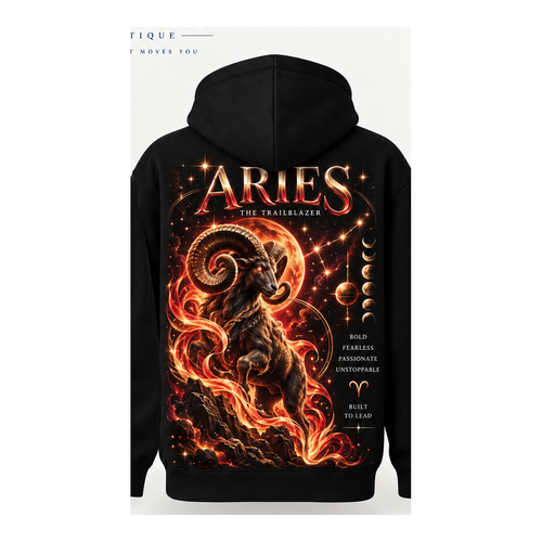 Aries black pullover hoodie with one large back design only