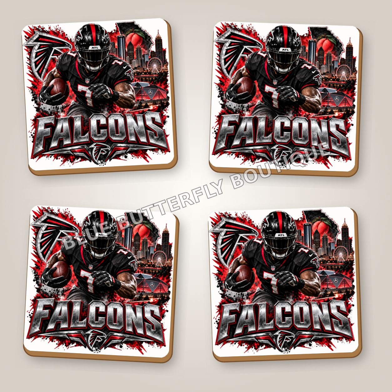 Atlanta Falcons football fan ceramic coaster set of four with white ceramic showing around the design - Blue Butterfly Boutique