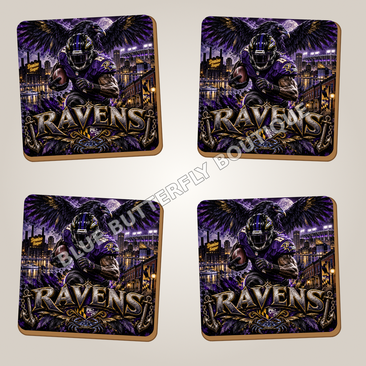 Baltimore Ravens full-coverage ceramic coaster set of four - Blue Butterfly Boutique