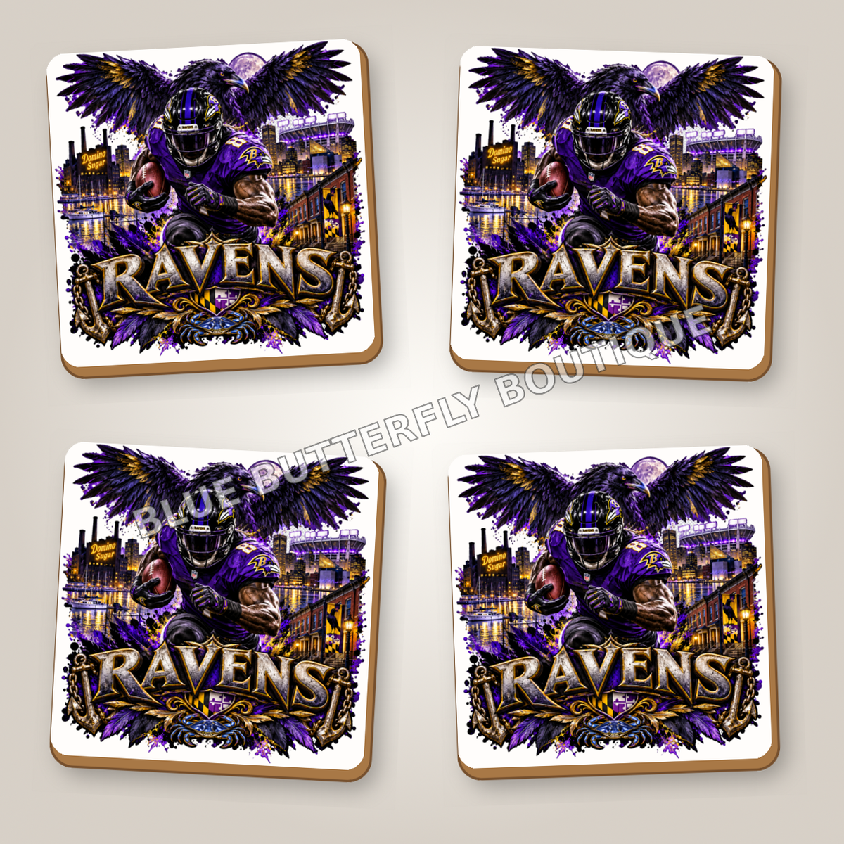 Baltimore Ravens football fan ceramic coaster set of four with white ceramic showing around the design - Blue Butterfly Boutique