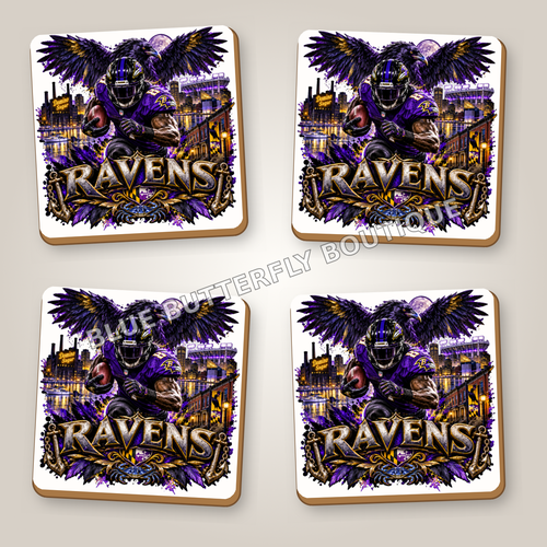 Baltimore Ravens football fan ceramic coaster set of four with white ceramic showing around the design - Blue Butterfly Boutique