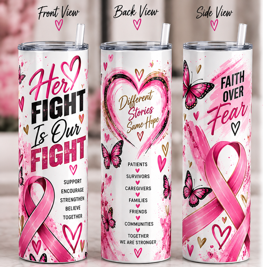 Her Fight Is Our Fight breast cancer 20 oz tumbler product mockup