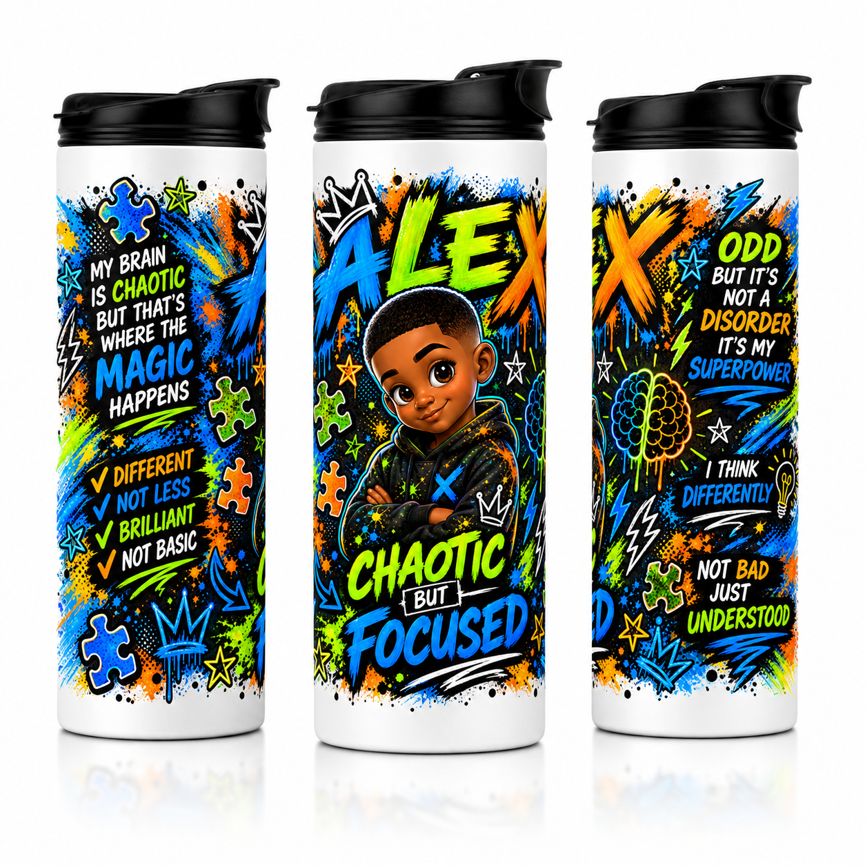 Personalized brilliant mind boy 20 oz kids sports bottle mockup with white cup and black lid