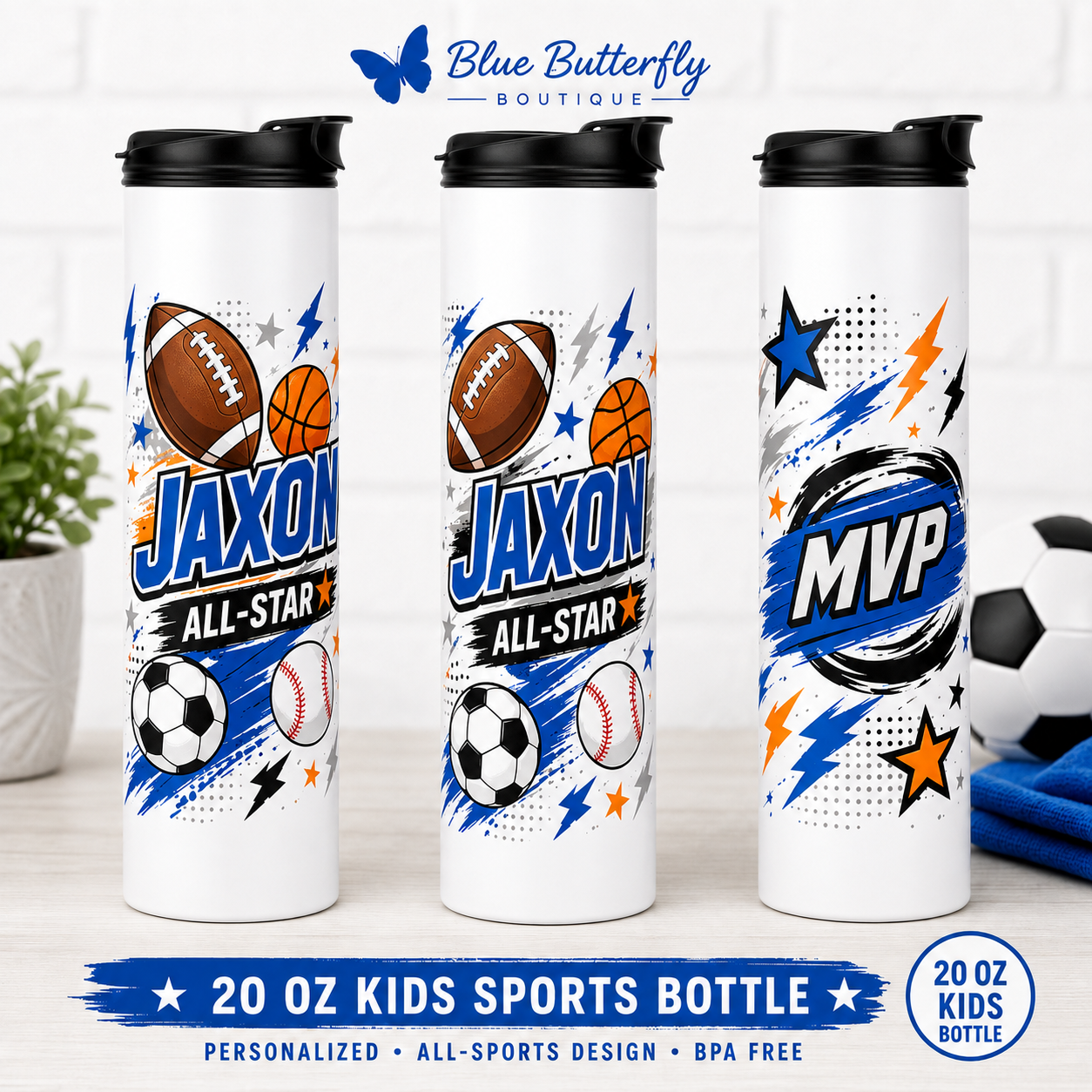 Personalized All-Star Sports 20 oz kids sports bottle mockup