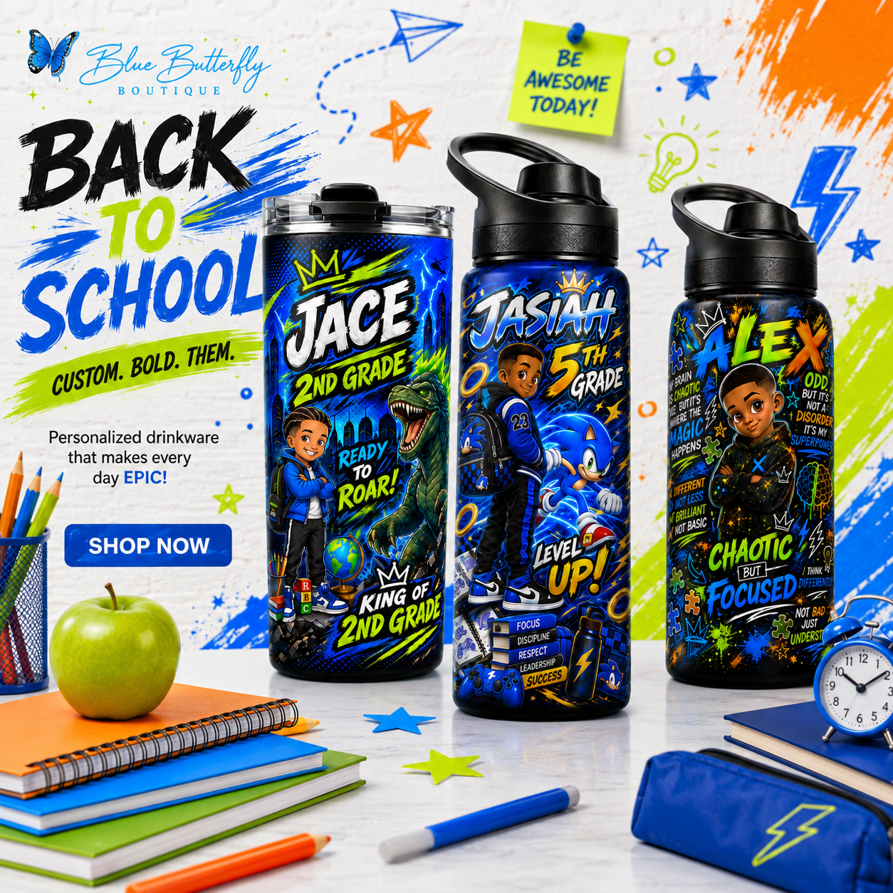 Blue Butterfly Boutique personalized back-to-school boys drinkware collection