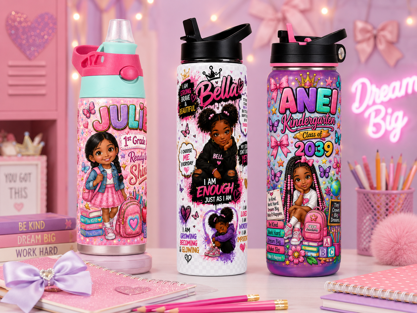 Blue Butterfly Boutique personalized back-to-school girls drinkware collection
