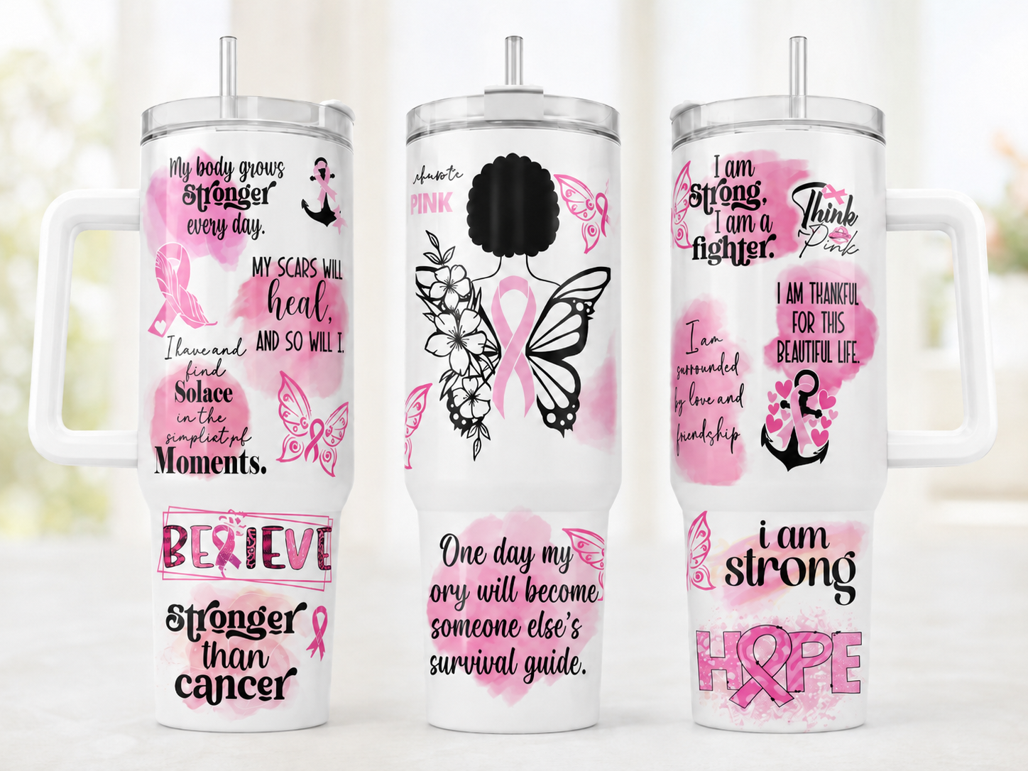 Believe Stronger Than Cancer 40 oz tumbler mockup in three views