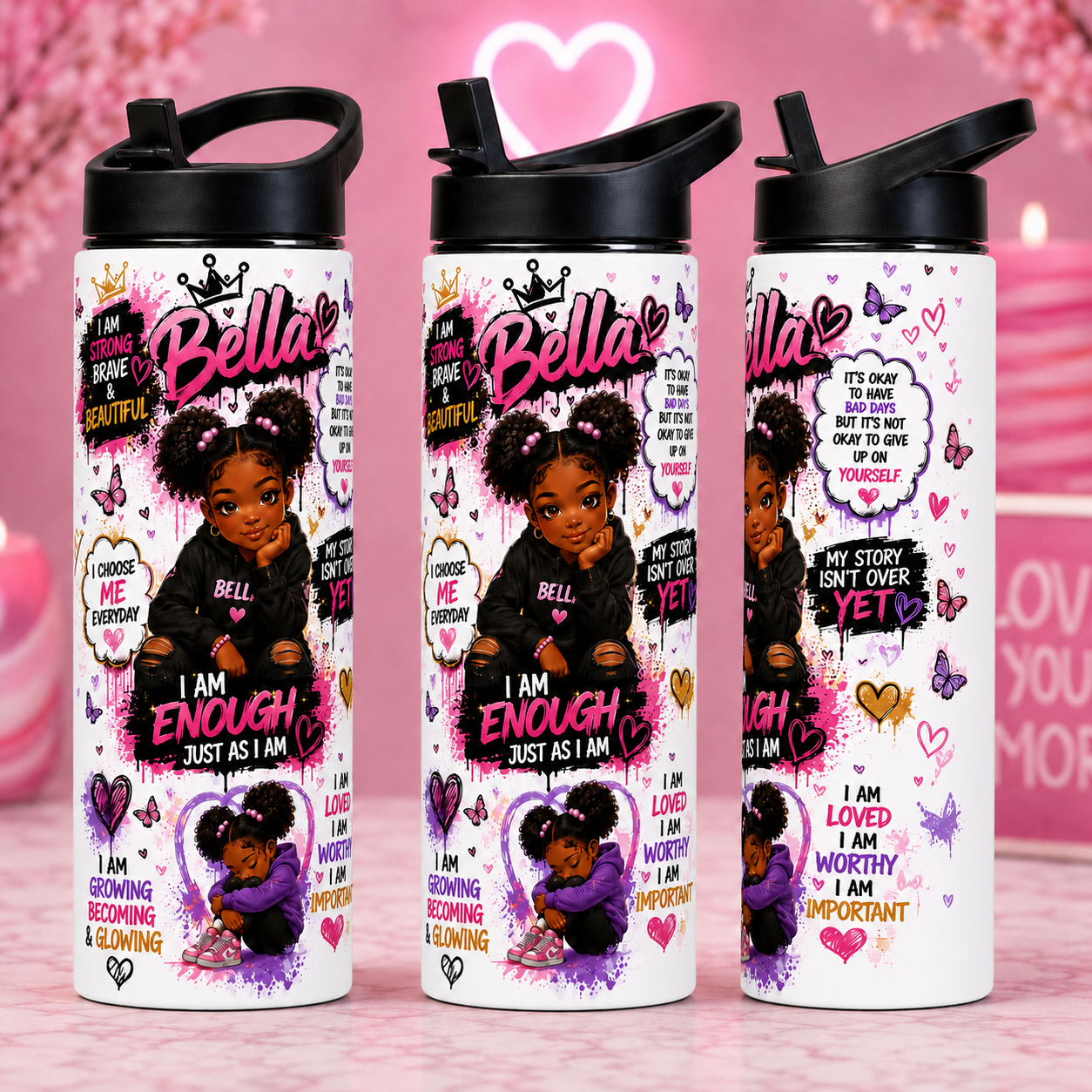 Personalized self-love girl 20 oz kids sports bottle mockup on white bottle