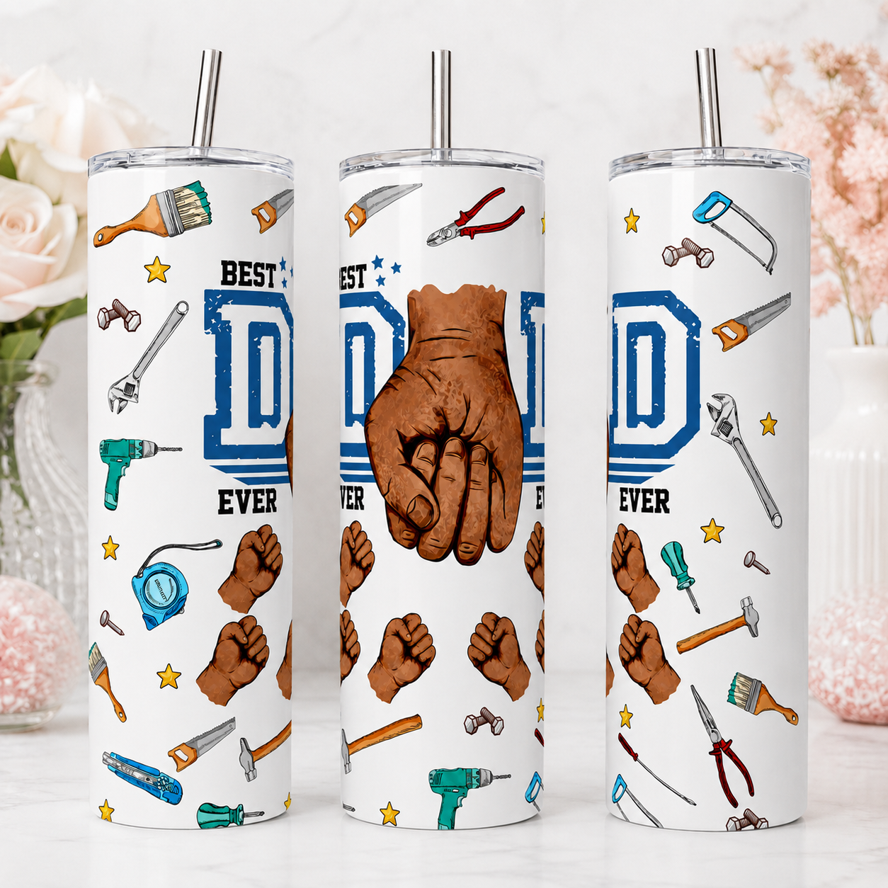 Best Dad Ever personalized 20 oz tumbler shown in three views