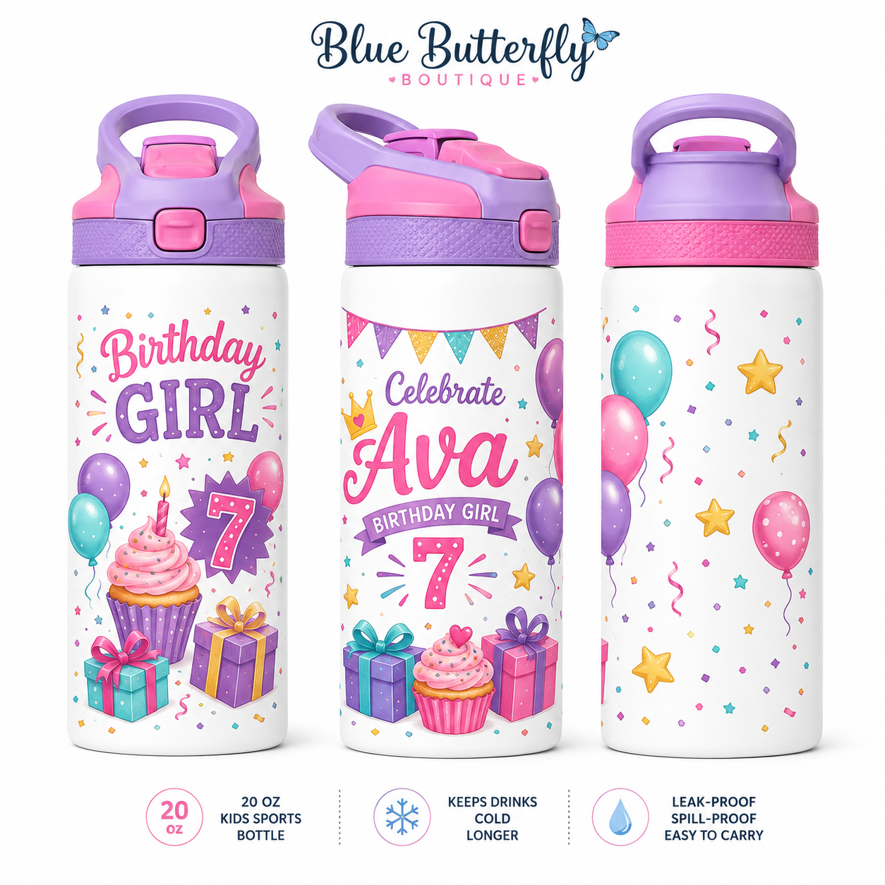 Custom Birthday Girl 20 oz kids sports bottle mockup
