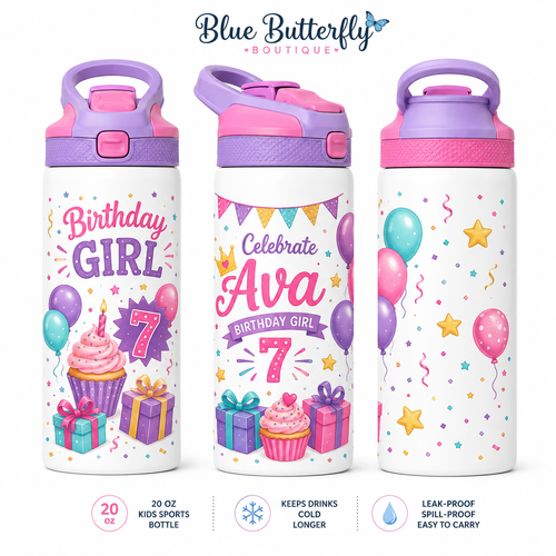 Custom Birthday Girl 20 oz kids sports bottle mockup