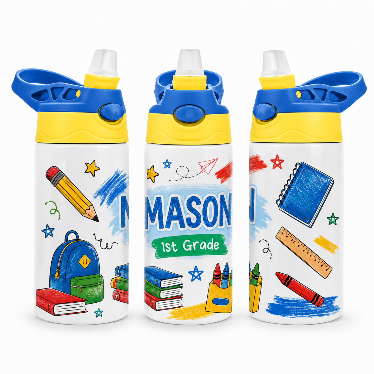 Colorful School Adventure personalized 12 oz kids water bottle mockup