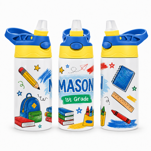 Colorful School Adventure personalized 12 oz kids water bottle mockup