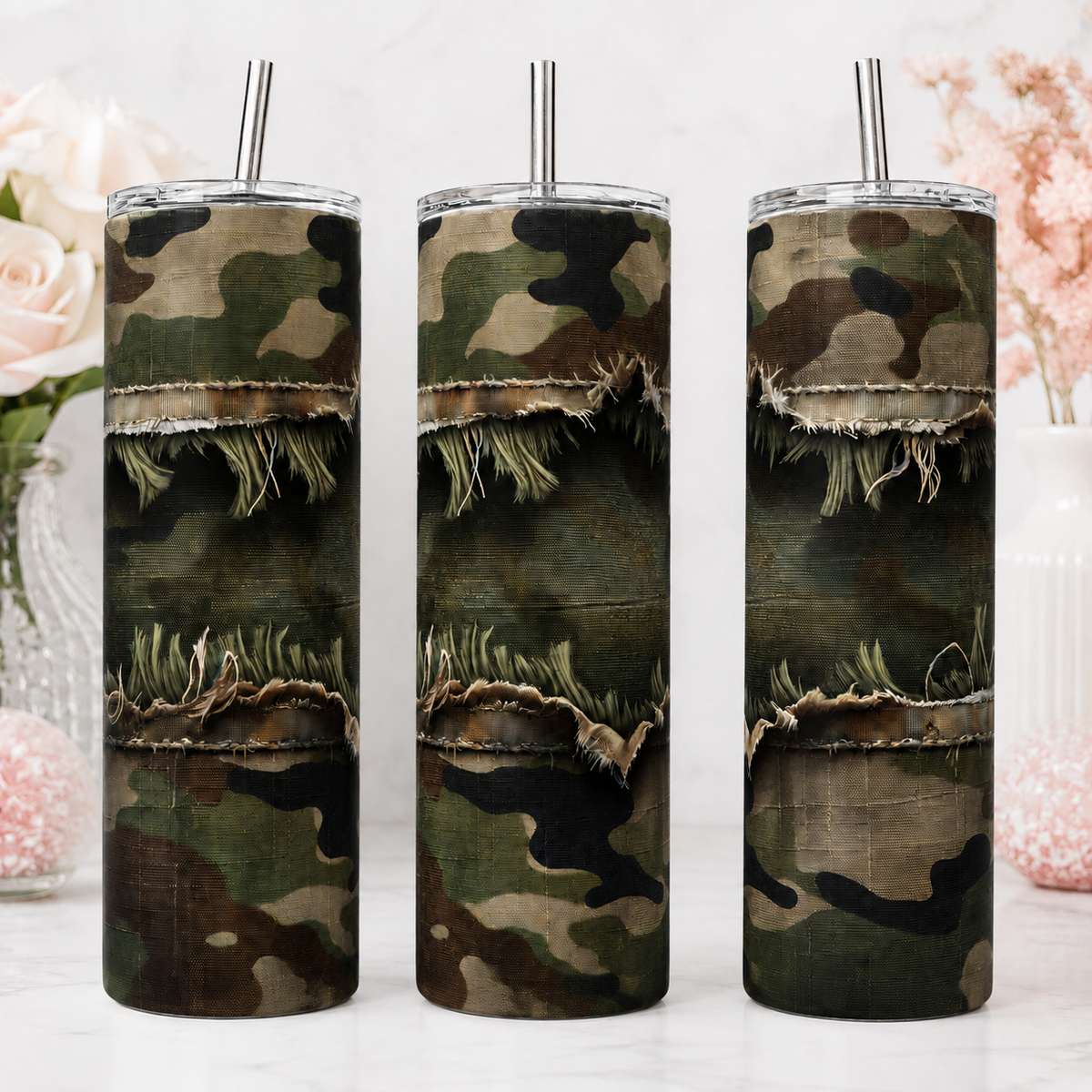 Personalized distressed camo 20 oz tumbler shown in three views