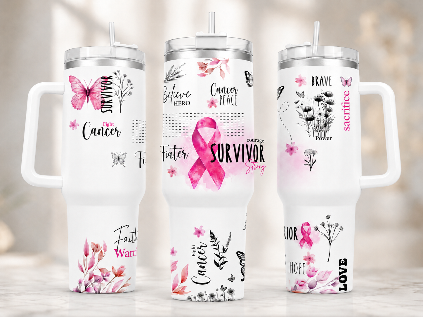 Fighter Survivor Breast Cancer Awareness 40 oz tumbler mockup in three views