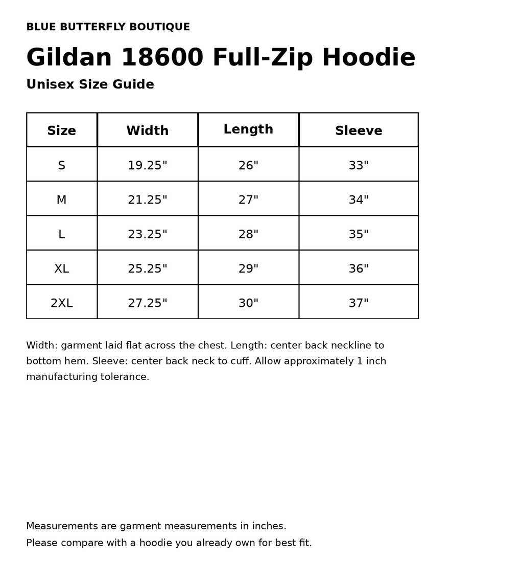 Gildan 18600 full-zip hoodie unisex size guide