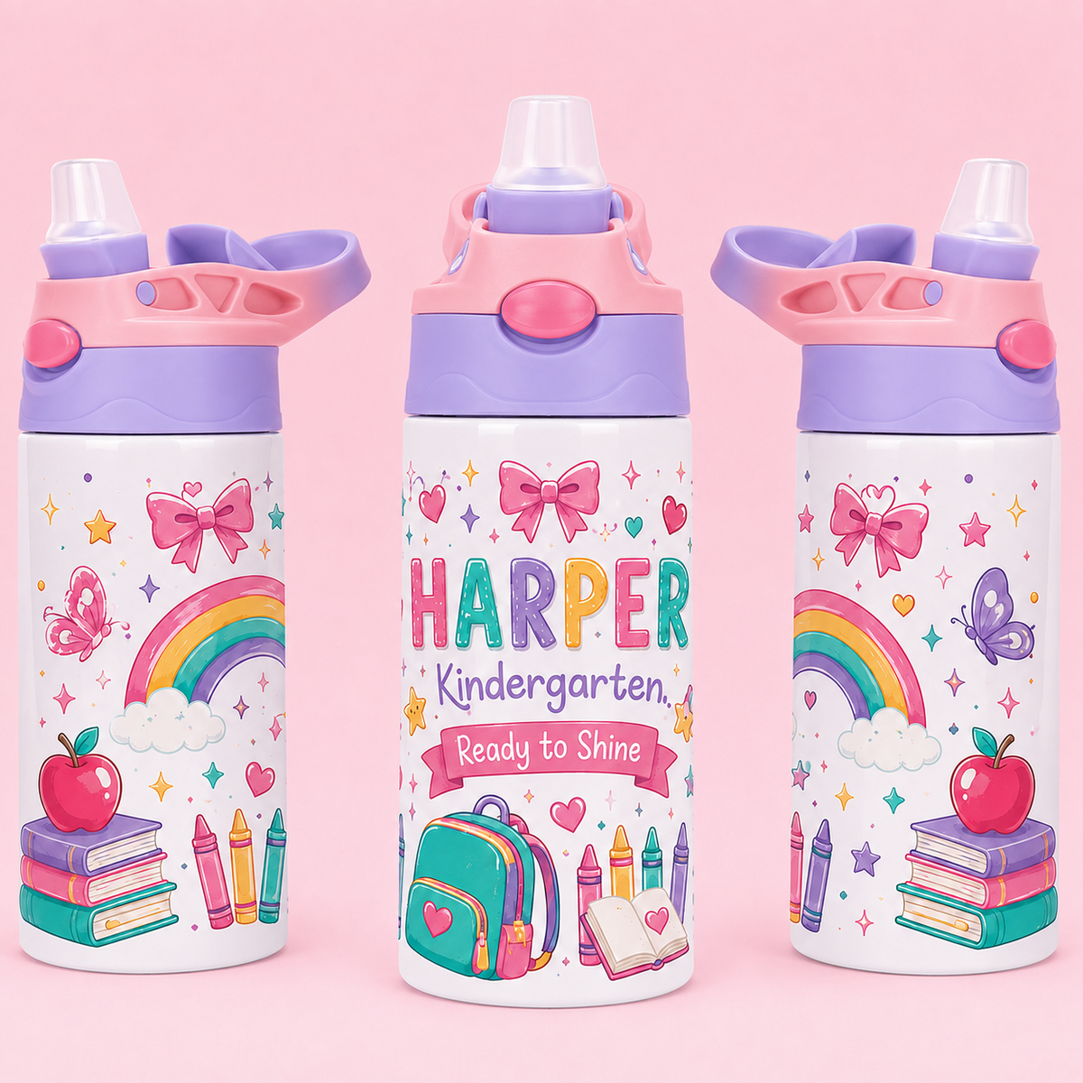 Kindergarten Ready to Shine personalized 12 oz kids water bottle mockup