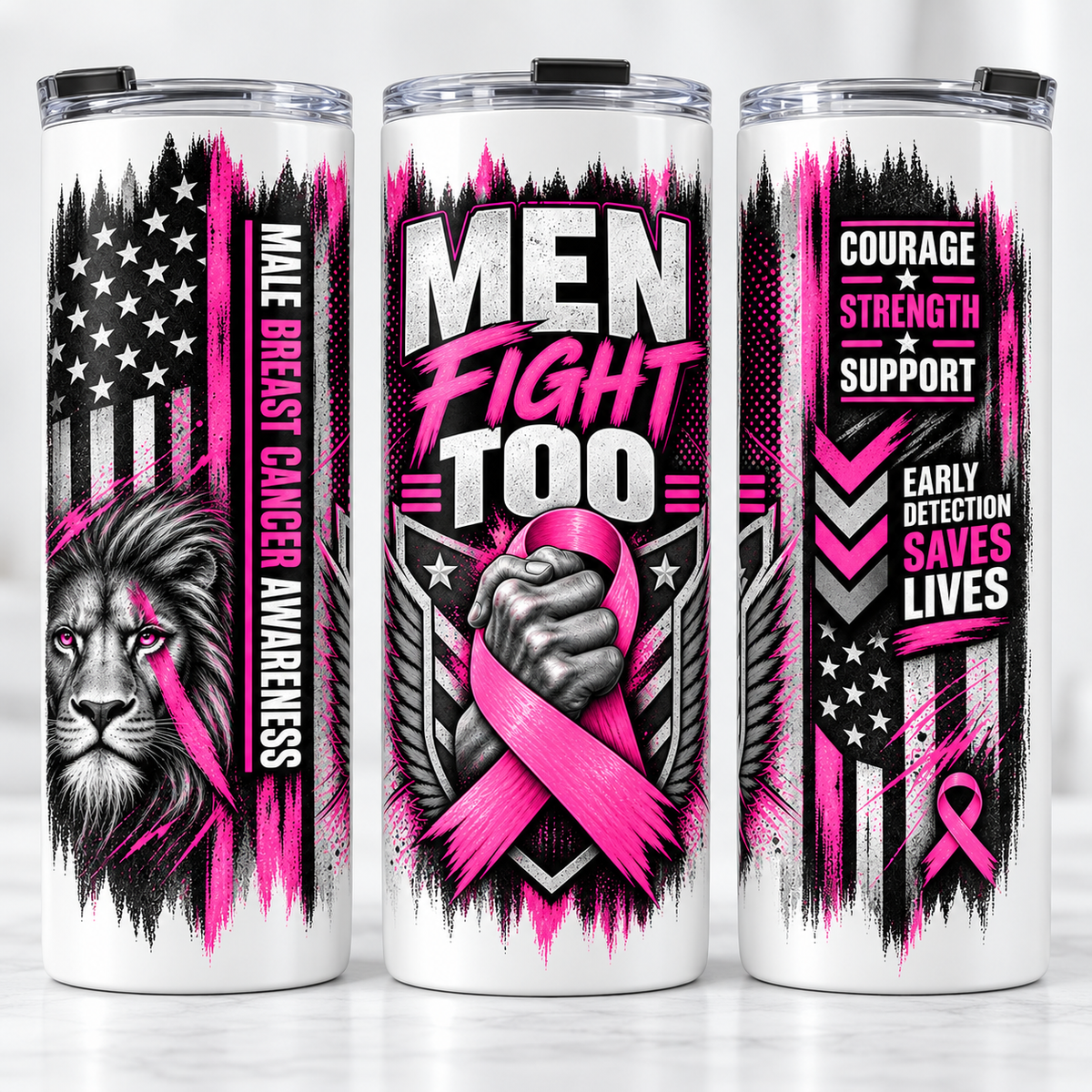 Men Fight Too male breast cancer awareness 20 oz tumbler mockup on white tumblers