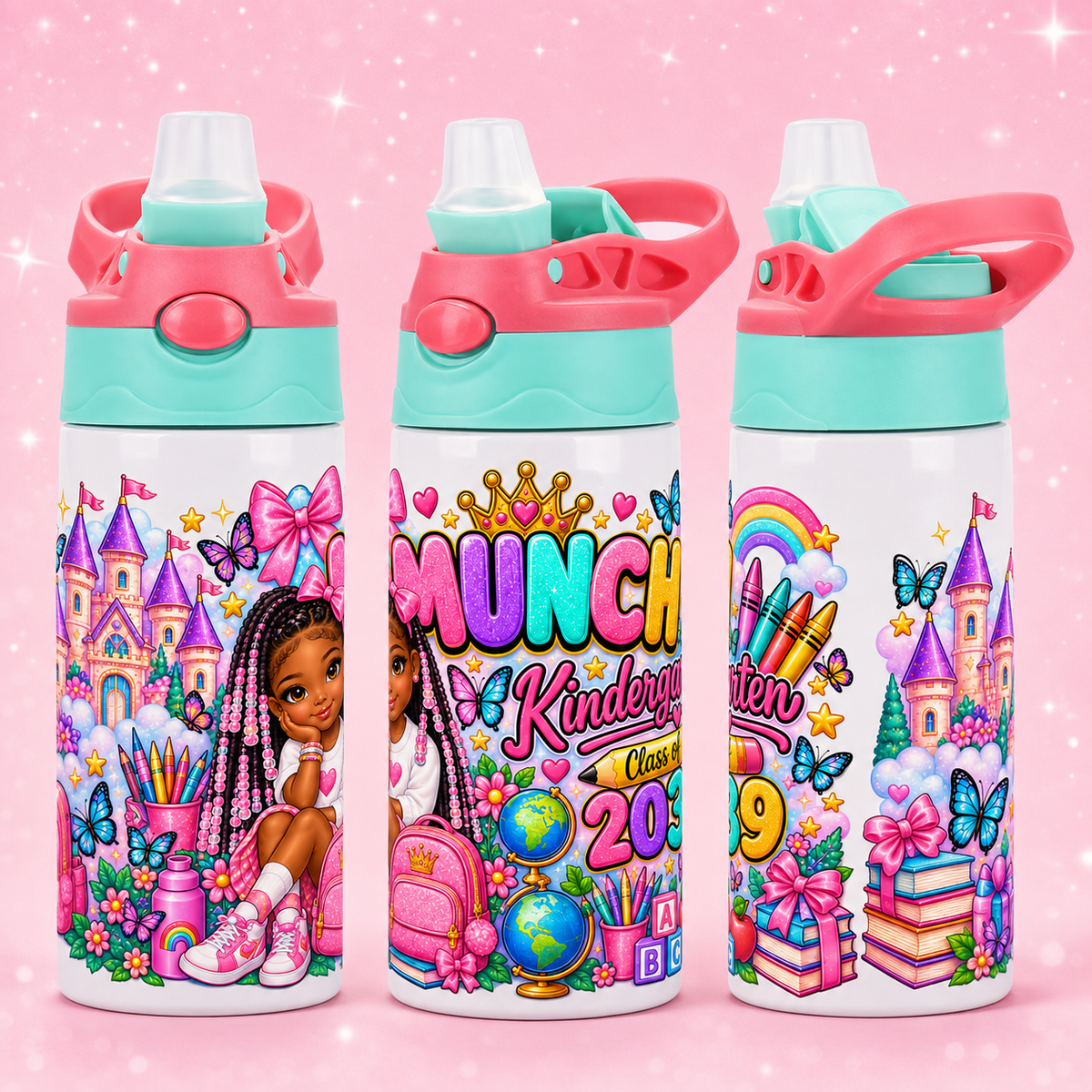 Personalized kindergarten girl 12 oz kids sports bottle mockup
