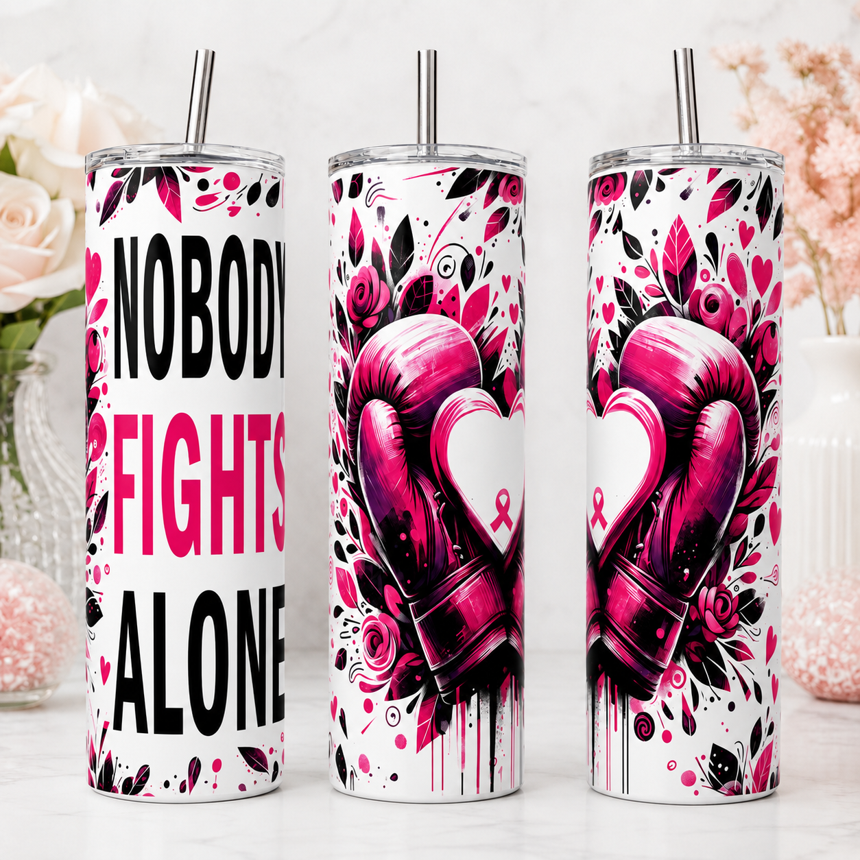 Nobody Fights Alone breast cancer 20 oz tumbler shown in three views