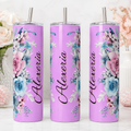 Personalized floral name 20 oz tumbler shown in three views