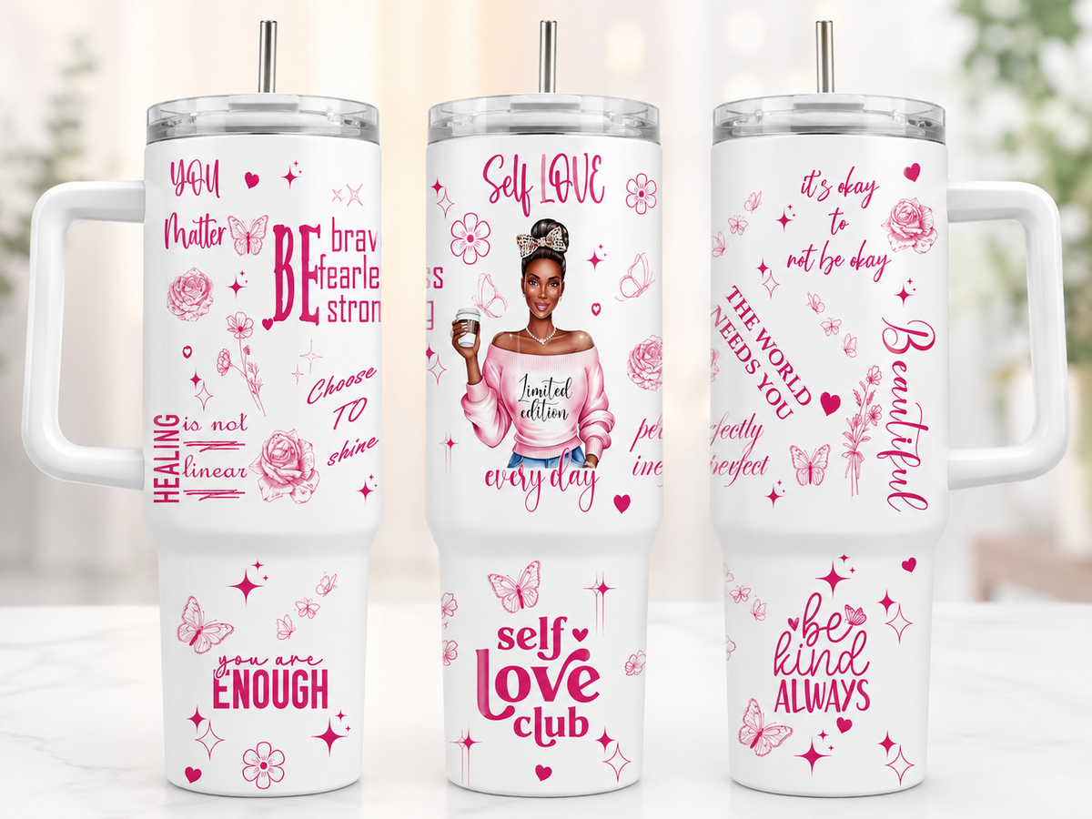 Self Love Club 40 oz handled tumbler shown in three views with white center band