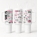She Is Motivational 40 oz tumbler shown in three views