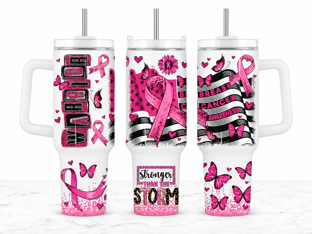 Stronger Than the Storm breast cancer awareness 40 oz tumbler mockup