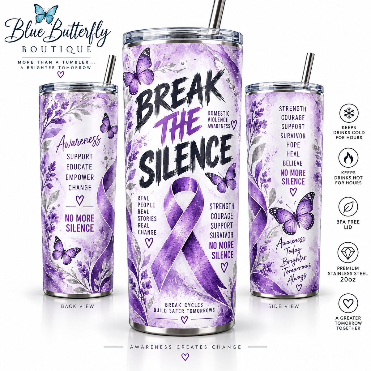 Break the Silence 20oz Domestic Violence Awareness tumbler - approved light purple design