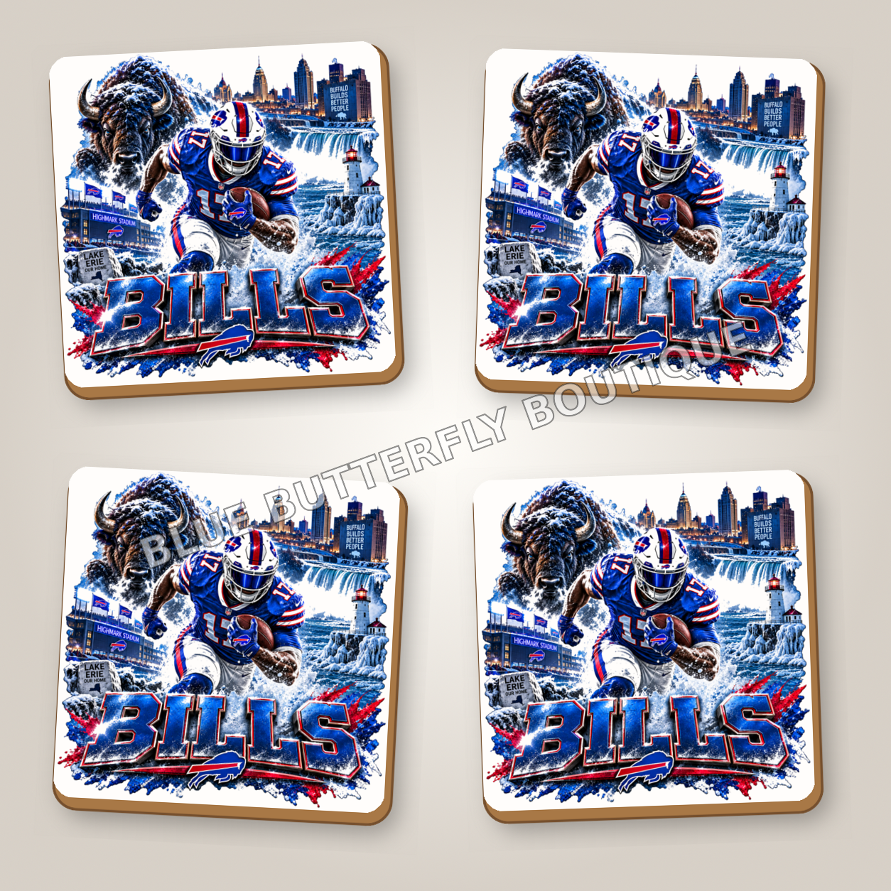 Buffalo Bills football fan ceramic coaster set of four with white ceramic showing around the design - Blue Butterfly Boutique