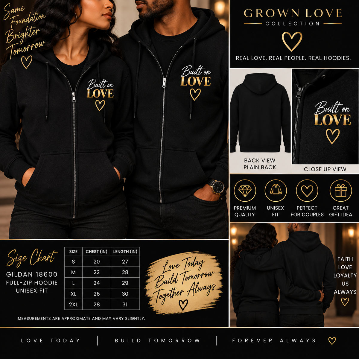 Built on Love black Gildan 18600 full-zip hoodie mockup