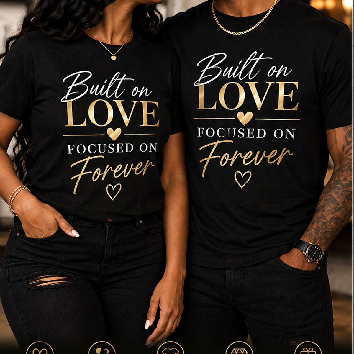 Couple wearing Built on Love Focused on Forever unisex black T-shirts with natural straight hems