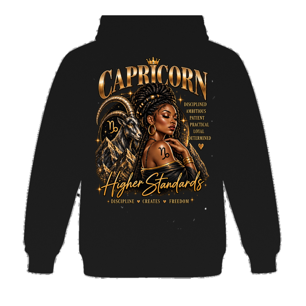 Capricorn black pullover hoodie with one large back design only