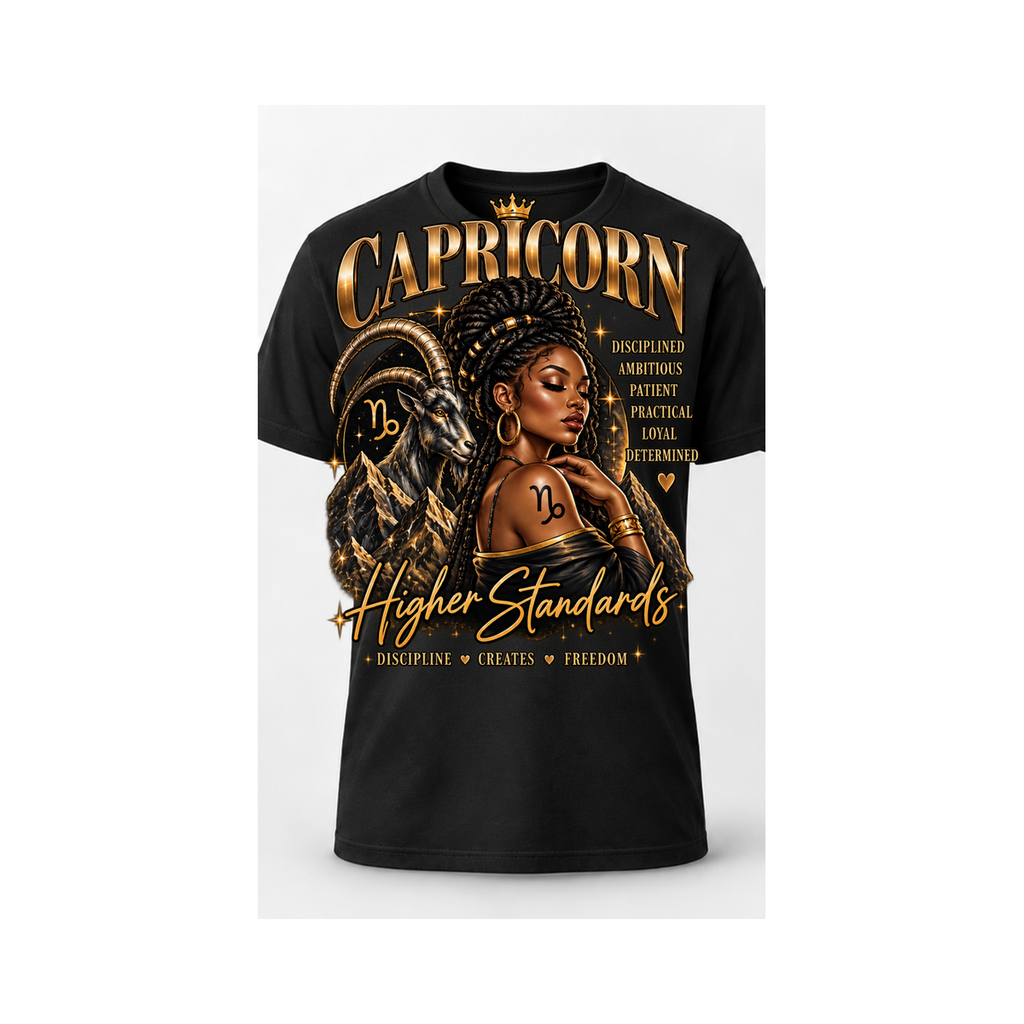 Capricorn black unisex T-shirt with one large back design only
