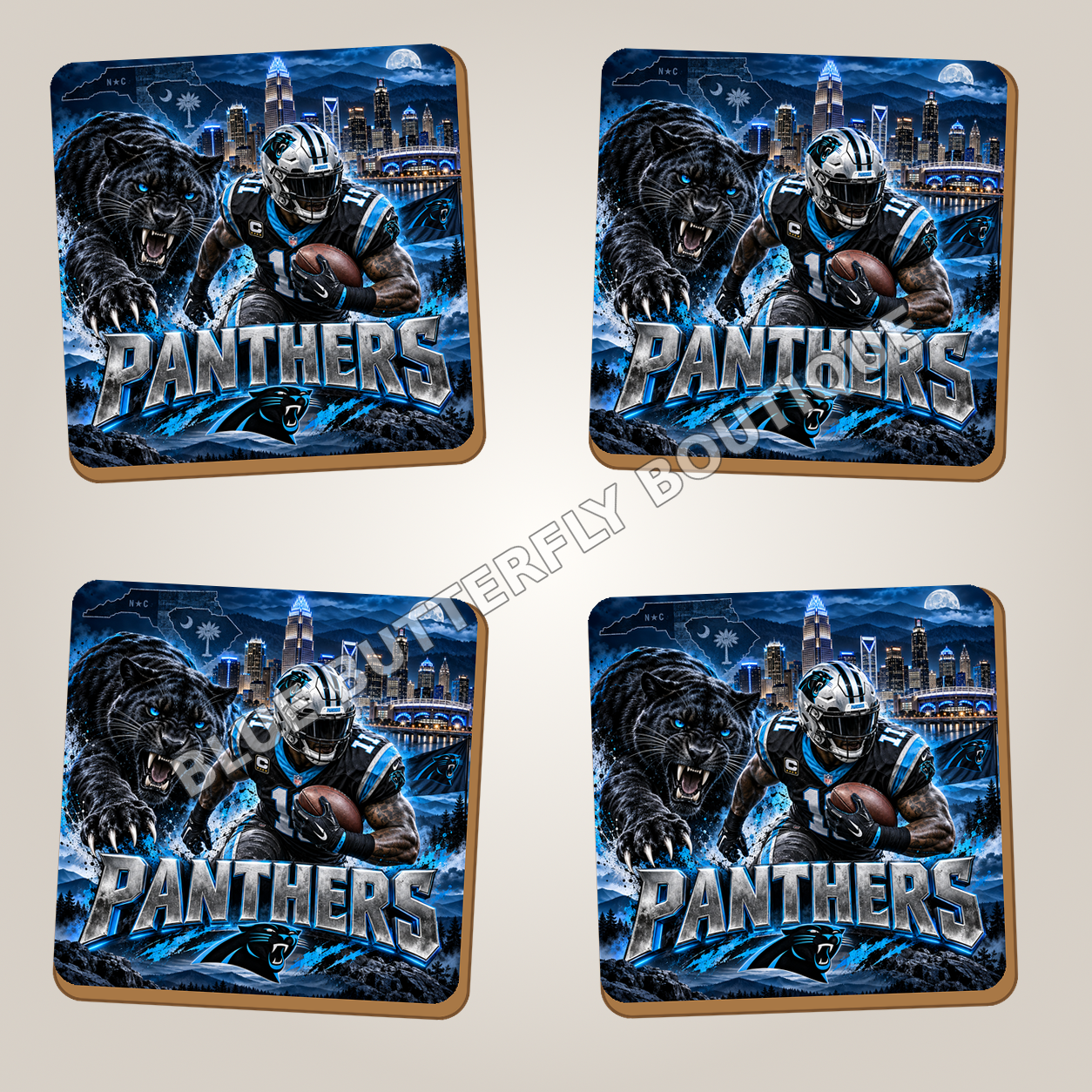 Carolina Panthers full-coverage ceramic coaster set of four - Blue Butterfly Boutique