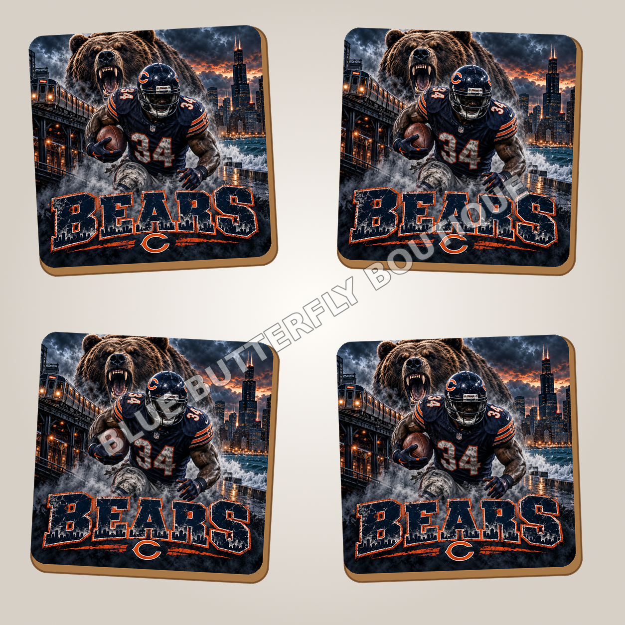 Chicago Bears full-coverage ceramic coaster set of four - Blue Butterfly Boutique