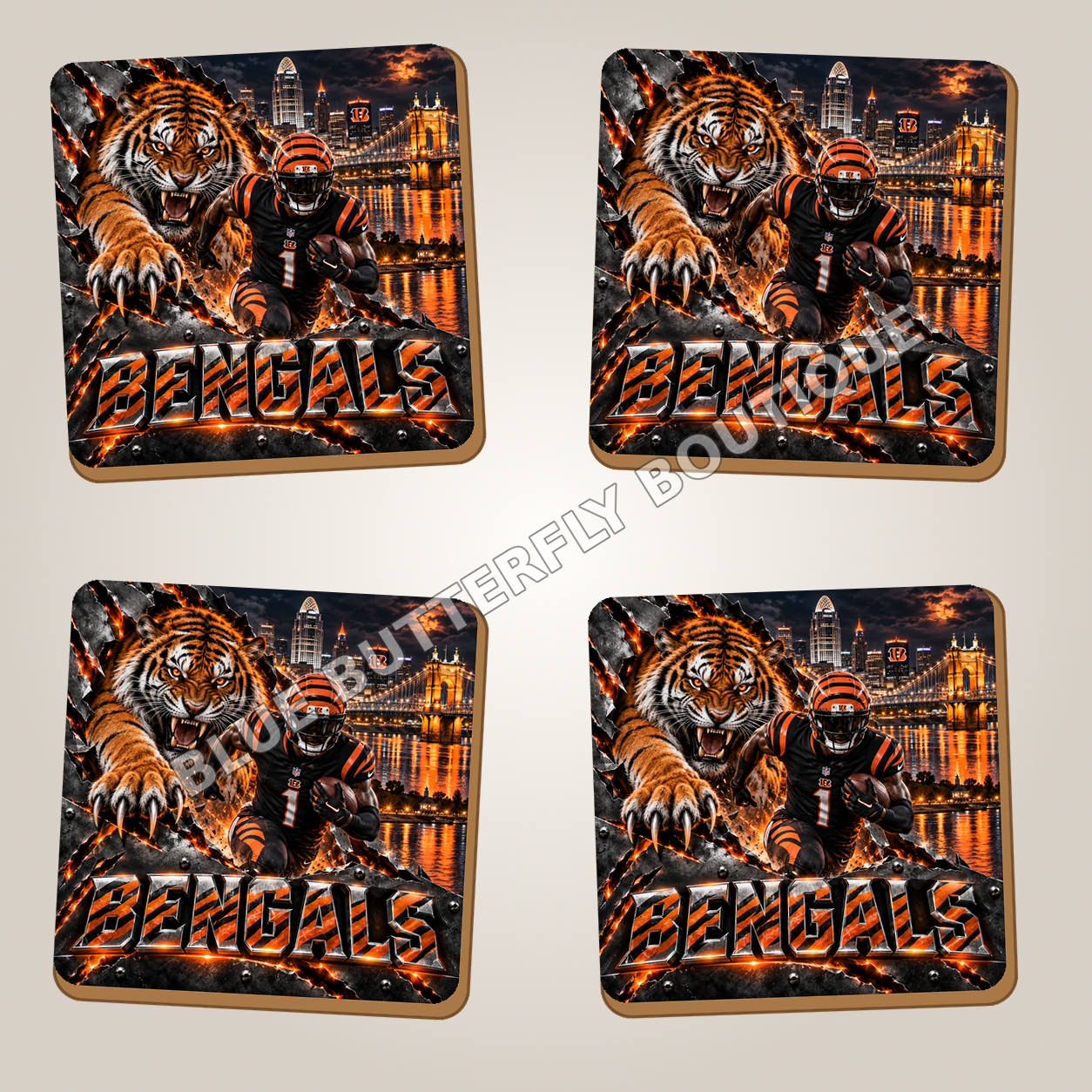Cincinnati Bengals full-coverage ceramic coaster set of four - Blue Butterfly Boutique