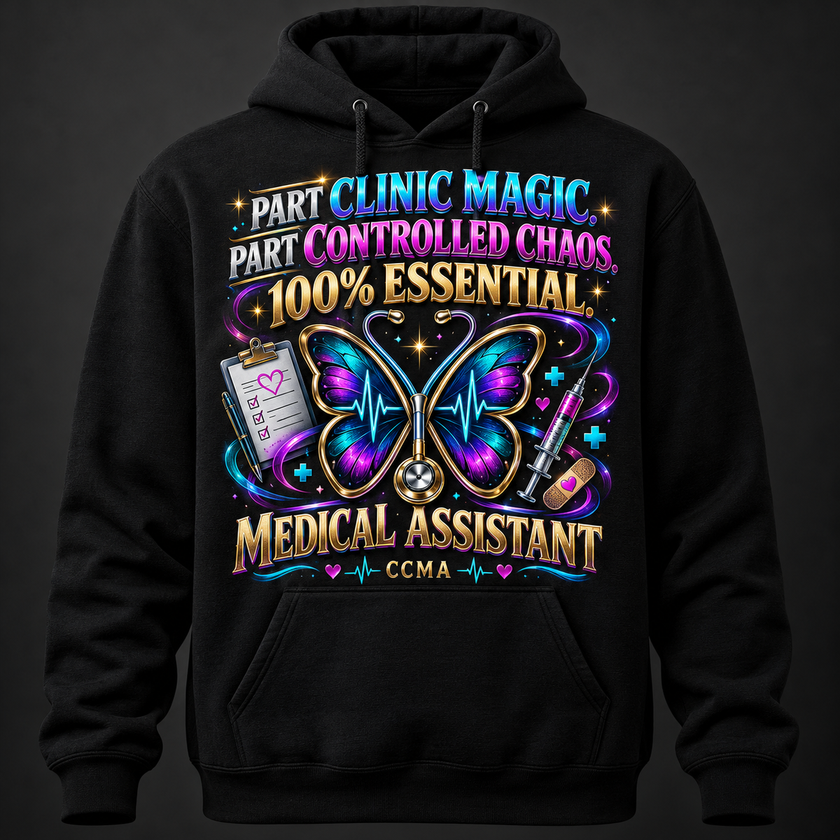 Part Clinic Magic. Part Controlled Chaos. 100% Essential. medical assistant black pullover hoodie