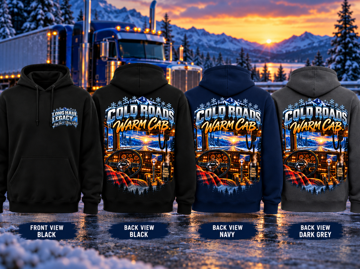 Cold Roads. Warm Cab. Long Haul Legacy hoodie in Black, Navy, and Dark Grey
