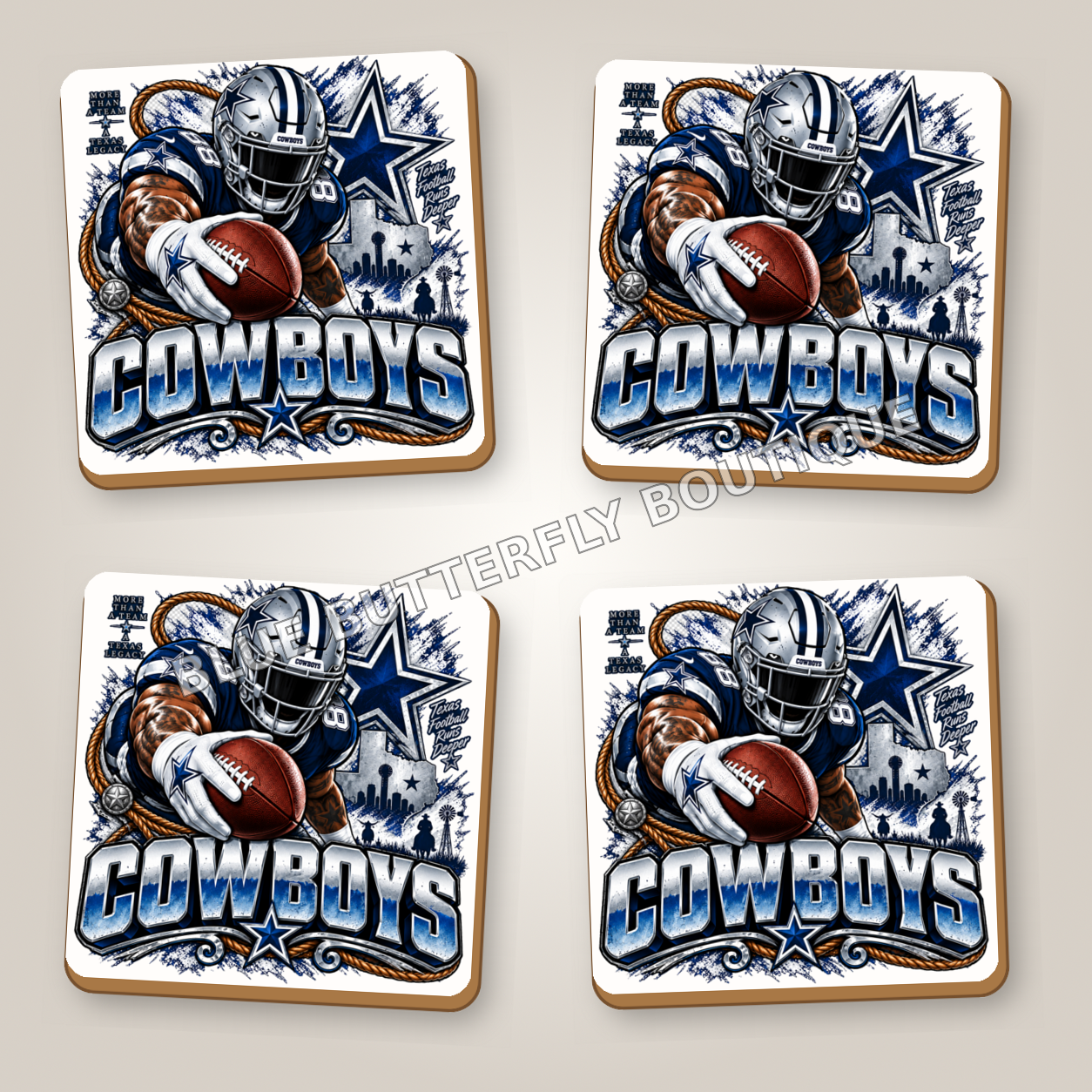Dallas Cowboys football fan ceramic coaster set of four with white ceramic showing around the design - Blue Butterfly Boutique