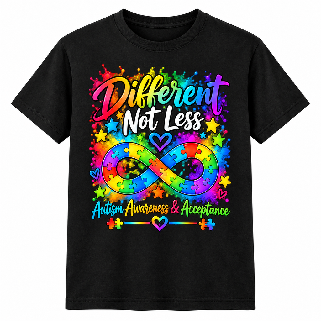Different Not Less Autism Awareness and Acceptance black crew-neck T-shirt approved mockup