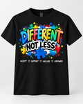 Different Not Less autism acceptance black Gildan 5000 unisex T-shirt mockup with crew-neck collar