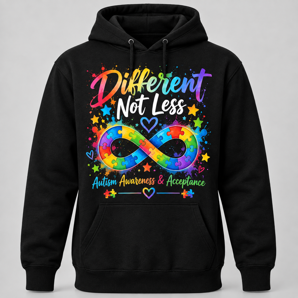 Different Not Less autism awareness and acceptance black pullover hoodie mockup