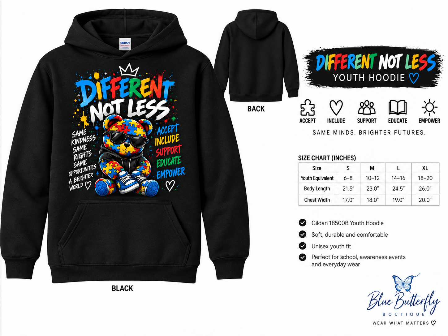 Different Not Less bear autism acceptance youth hoodie mockup with design positioned above pouch pocket