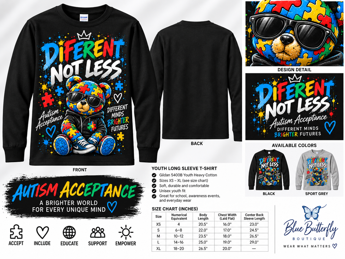 Different Not Less bear autism acceptance youth long sleeve shirt mockup
