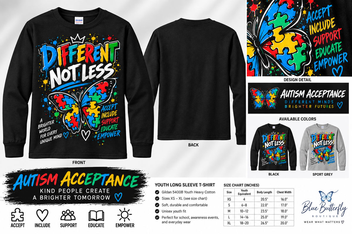 Different Not Less butterfly autism acceptance youth long sleeve shirt mockup