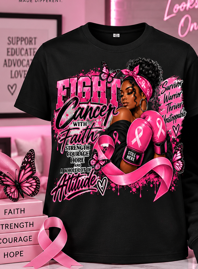 Black breast cancer awareness T-shirt featuring Fight Cancer With Faith design by Blue Butterfly Boutique