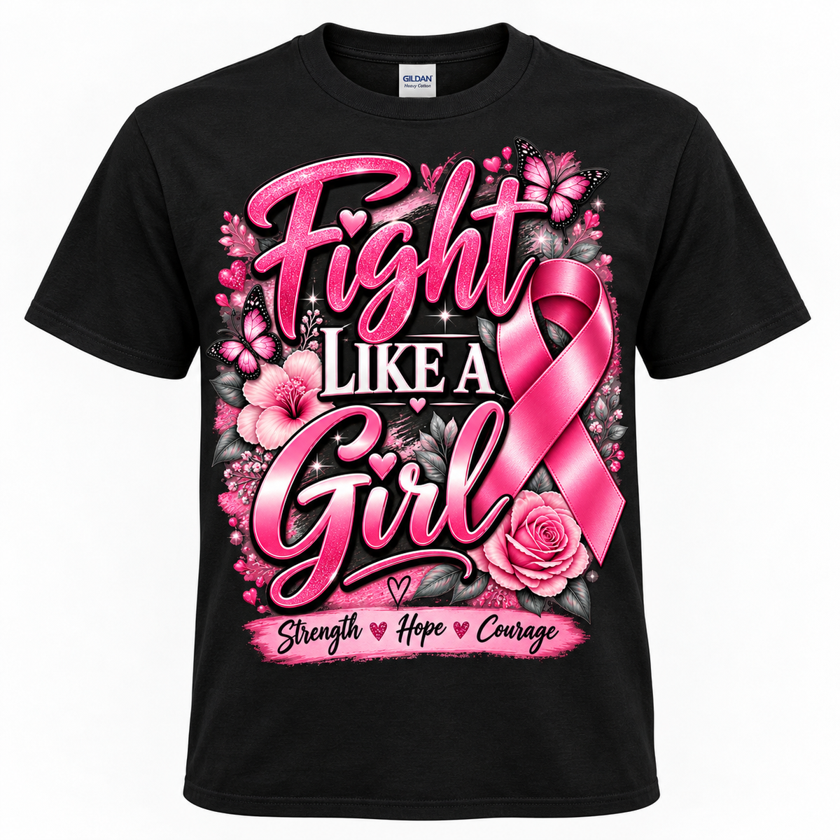 Fight Like a Girl breast cancer awareness black Gildan T-shirt mockup with realistic collar and centered design